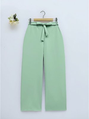 Su Yeşili Beli Bağcıklı Double Bol Paça Pantolon