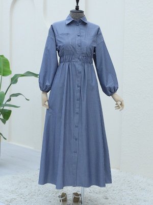 Lacivert Önden Düğmeli Beli Lastikli Çizgili Elbise