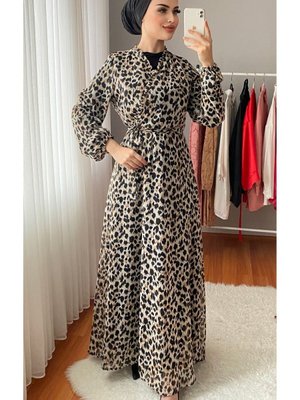 Leopar Kruvaze Yaka Desen Şifon Elbise Leopar Kruvaze Yaka Desen Şifon Elbise
