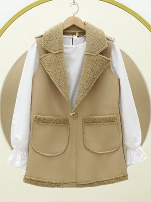 Açık Vizon İçi Kuzu Peluş Çift Cepli Yelek