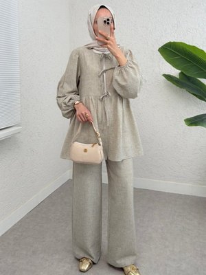 Açık Vizon Önü Bağlamalı Parçalı Kolu Lastikli İkili Takım