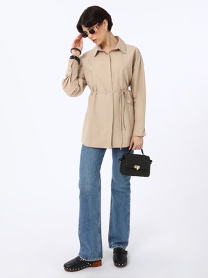 Açık Bej Bağlama Detaylı Poplin Tunik