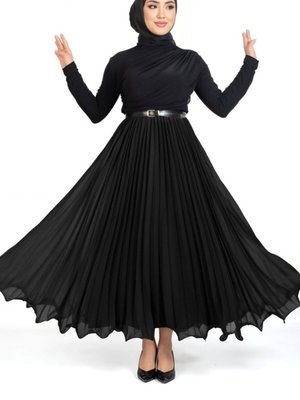 Siyah Uzun Kemerli Volanlı Pliseli Şifon Etek Siyah Uzun Kemerli Volanlı Pliseli Şifon Etek