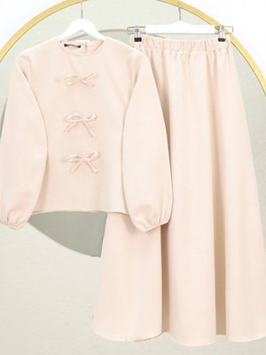 Bej Fiyonk Detaylı Kolu Lastikli Etekli İkili Takım