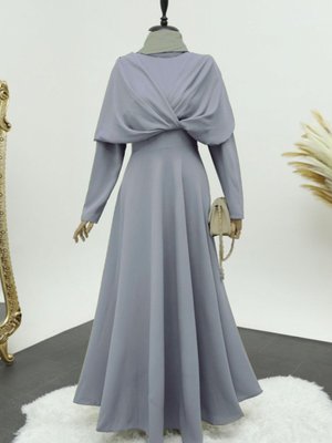 Gri Önü Çapraz Çift Kat Hakim Yaka Krep Elbise