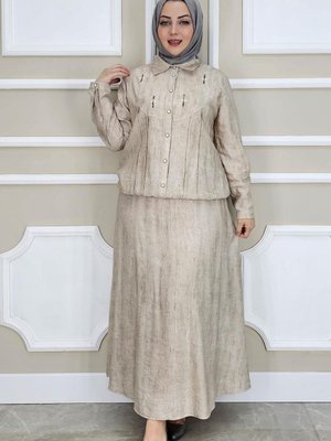 Bej Taş Detaylı Gömlek Etek İkili Takım