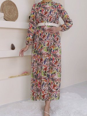 Somon Önü Pileli Kemerli Şifon Elbise