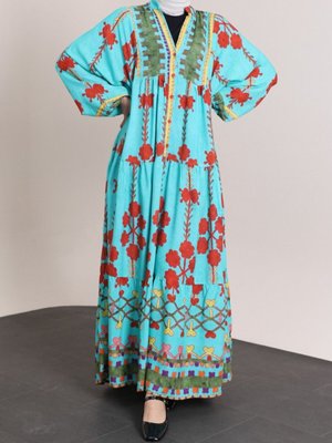 Turkuaz Kolu Lastikli Dik Yaka Yarım Düğmeli Viskon Elbise Turkuaz Kolu Lastikli Dik Yaka Yarım Düğmeli Viskon Elbise