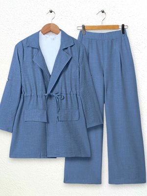 İndigo Kapaklı Tünel Köprülü Ceketli Keten İkili Takım