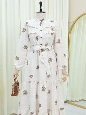 Kamuflaj Önü Fırfırlı Yarım Düğmeli Parçalı Keten Elbise