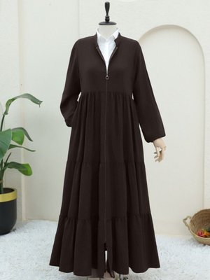 Koyu Kahve Boydan Fermuarlı Kolu Lastikli Parçalı Ayrobin Ferace