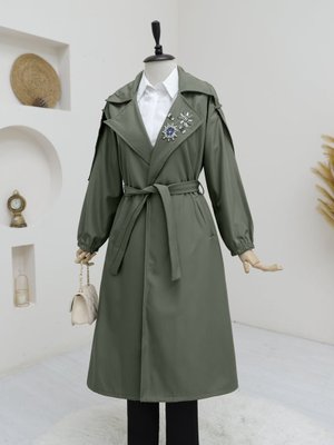 Haki Broşlu Taş Detaylı Balon Kol Trençkot