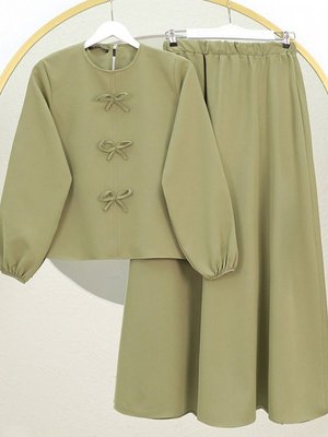 Haki Fiyonk Detaylı Kolu Lastikli Etekli İkili Takım