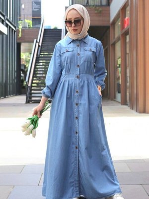 Mavi Kolu Lastikli Boydan Düğmeli Çift Cepli Kot Elbise Mavi Kolu Lastikli Boydan Düğmeli Çift Cepli Kot Elbise