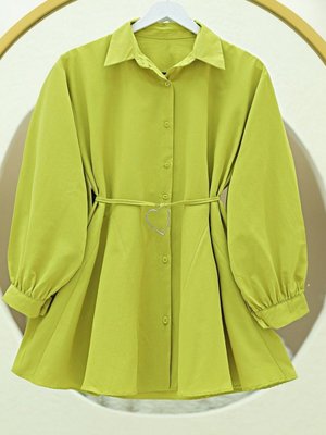 Yağ Yeşili Parça Kumaşlı Düğmeli Poplin Tunik