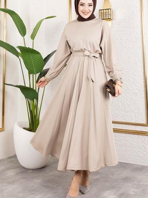 Vizon Beli Büzgülü Kemerli Elbise