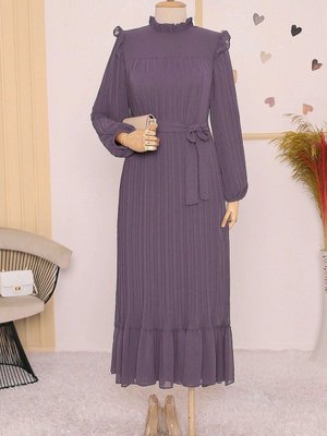 Lila Önü Robalı Kolları Ve Bedeni Piliseli Elbise