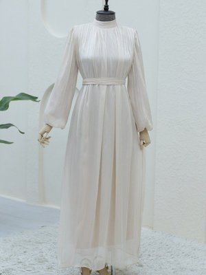 Bej Omuzdan Büzgülü Işıltı Kumaş Balon Kol Elbise