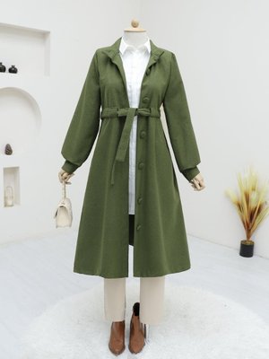 Haki Hakim Yaka Tünel Bağcıklı Kaşe Kaban