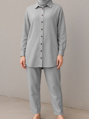 Gri Boydan Düğmeli Pantolon Gömlek Keten İkili Takım