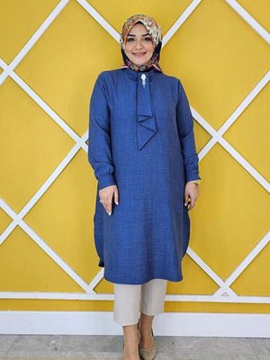 İndigo Estetik Kravat Yakalı Tunik İndigo Estetik Kravat Yakalı Tunik