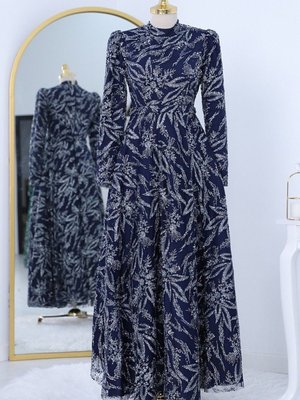 Lacivert Yapıştırma Taş Detaylı Simli Astarlı Tül Abiye Elbise