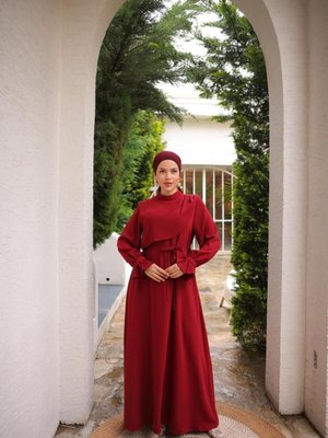 Bordo Anvelop Detaylı Elbise