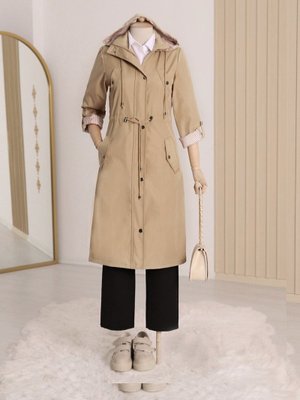 Açık Vizon Astarı Çizgili Trençkot