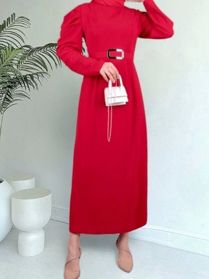 Kırmızı Karpuz Kol Tokalı Kemerli Elbise Kırmızı Karpuz Kol Tokalı Kemerli Elbise