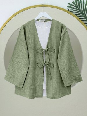 Haki Önü Bağcıklı Keten Kimono