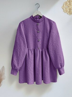 Mor Önü Taşlı Düğme Detaylı Parçalı Arkası Fermuarlı Tunik