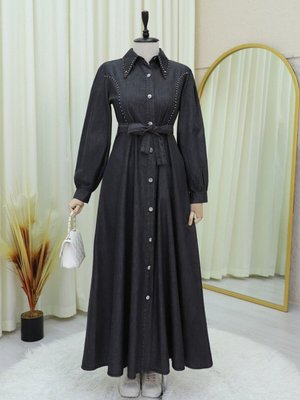 Antrasit Belden Bağlamalı Önü Düğmeli Boncuklu Kot Elbise Antrasit Belden Bağlamalı Önü Düğmeli Boncuklu Kot Elbise