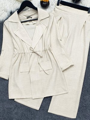 Bej Kapaklı Tünel Köprülü Ceketli Keten İkili Takım