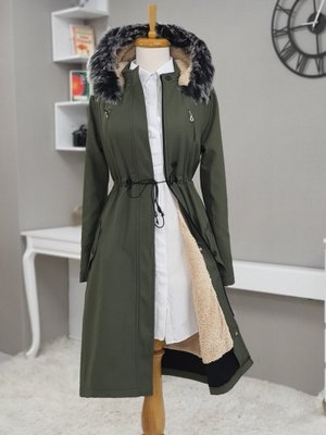 Haki Çıkma Kapüşonlu Tünel Bağcıklı Kısa Kaban