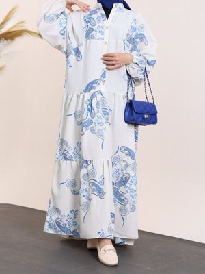 İndigo Dik Yaka Yarım Düğmeli Keten Elbise