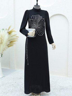 Siyah Yonca Taş Desenli Dik Yaka Krep Abiye Elbise