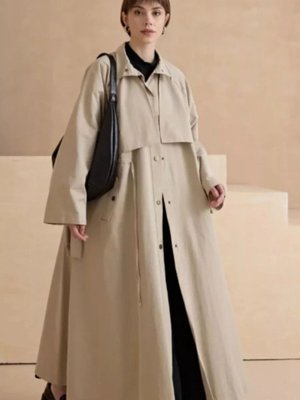 Ekru Bilekleri Bağlamalı Ceket Kapaklı Pamuklu Kanvas Trenckot