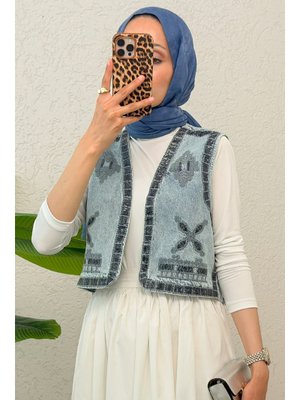 Mavi Pul Nakışlı Denim Yelek