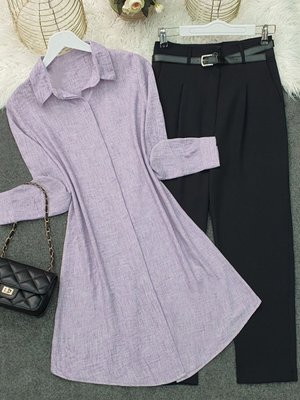 Lila Boydan Gizli Düğmeli Keten Tunik Lila Boydan Gizli Düğmeli Keten Tunik