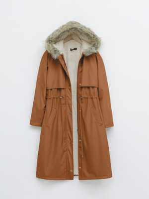 Hardal İçi Peluşlu Sabit Kapşonlu Tünel Bağcıklı Uzun Mont