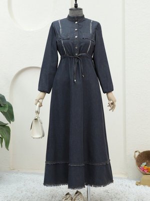 Siyah Yarım Düğmeli Püskül Detaylı Tünel Bağcıklı Kot Elbise