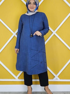 İndigo Nervür Dikim Detaylı Kolyeli Tunik