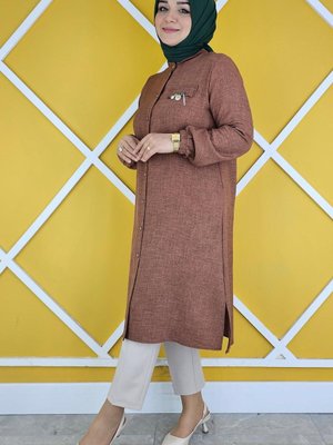 Kahverengi Cebi Sallantı Aksesura Detaylı Tunik