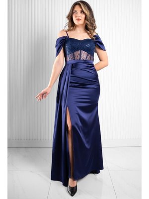 Lacivert Pul Payet Detaylı Saten Abiye Lacivert Pul Payet Detaylı Saten Abiye