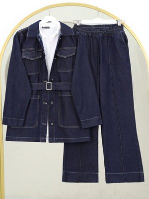 Koyu Lacivert Beli Kemerli Önü Düğmeli Cepli Kot İkili Takım