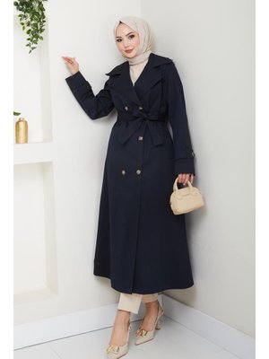 Düğmeli Kuşaklı Lacivert Trençkot