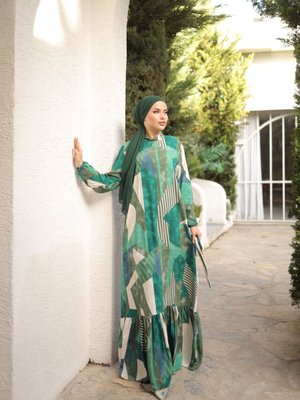 Yeşil Ankanoor Renkli Desenli Viskon Elbise