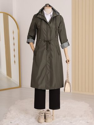 Haki Astarı Çizgili Trençkot