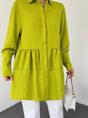 Yağ Yeşili Kol Manşeti Taşlı Düğmeli Parçalı Keten Tunik
