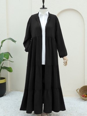 Siyah Boydan Fermuarlı Kolu Lastikli Parçalı Ayrobin Ferace